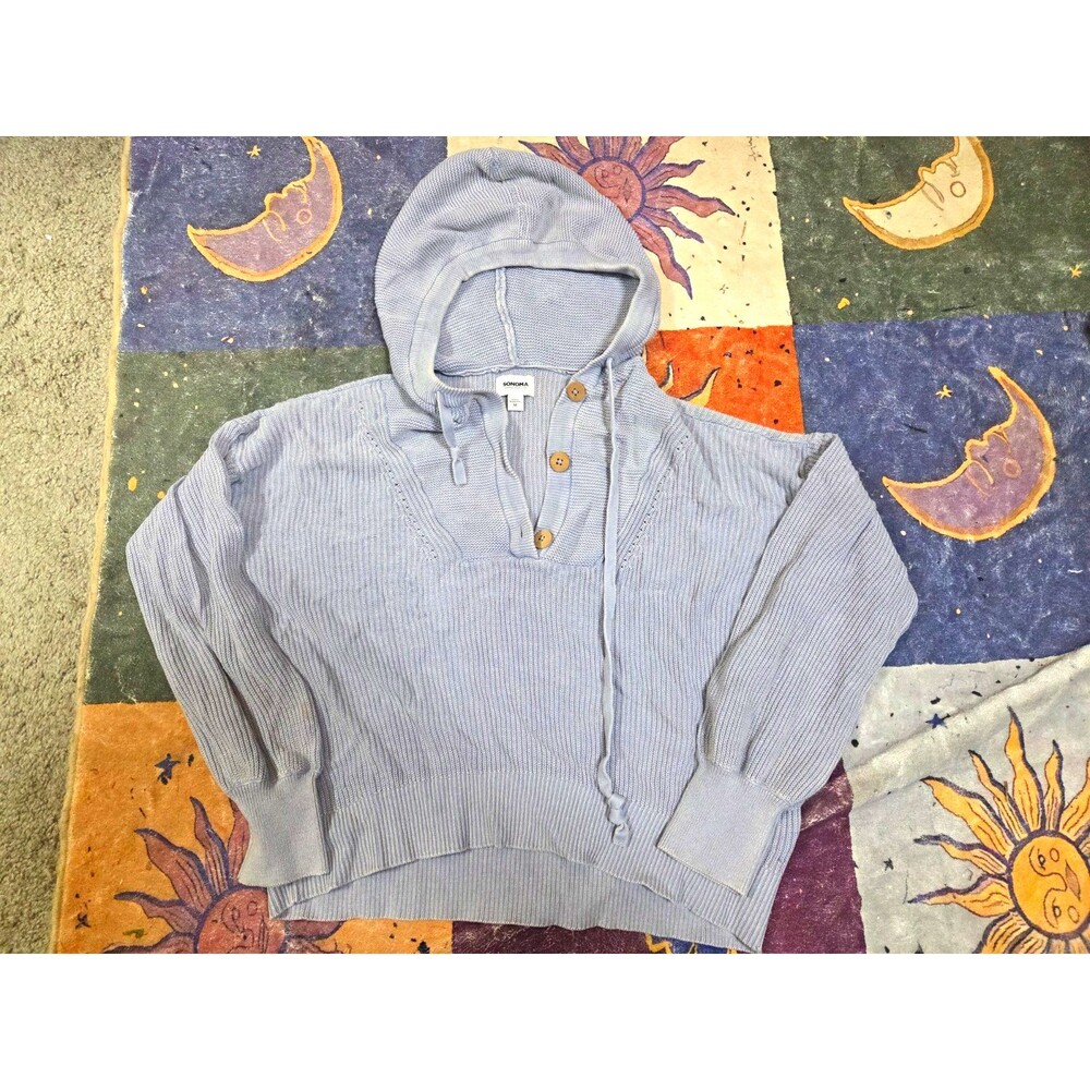 Sonoma Women’s Solid Knit Hoodie Pullover Button Accent Long Sleeve Blue M
